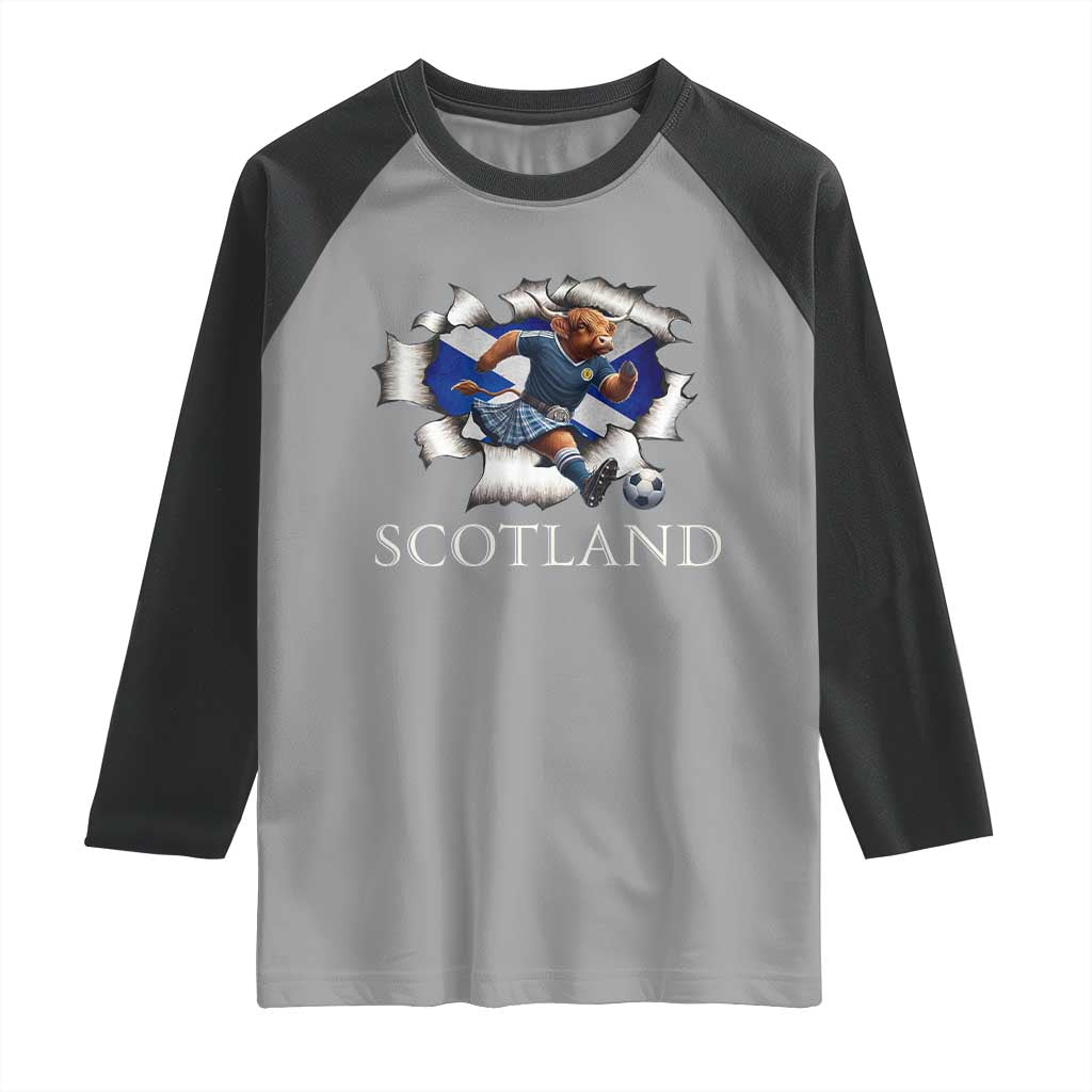 Funny Highland Cow in Kilt Footballer Raglan Shirt We'll Be Coming Scottish Pride Football Fans - Wonder Print Shop
