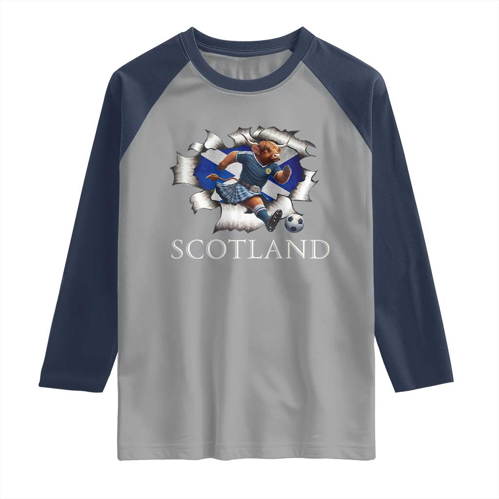 Funny Highland Cow in Kilt Footballer Raglan Shirt We'll Be Coming Scottish Pride Football Fans - Wonder Print Shop