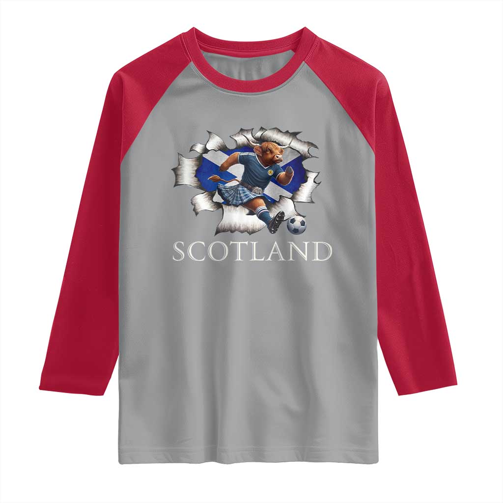 Funny Highland Cow in Kilt Footballer Raglan Shirt We'll Be Coming Scottish Pride Football Fans - Wonder Print Shop