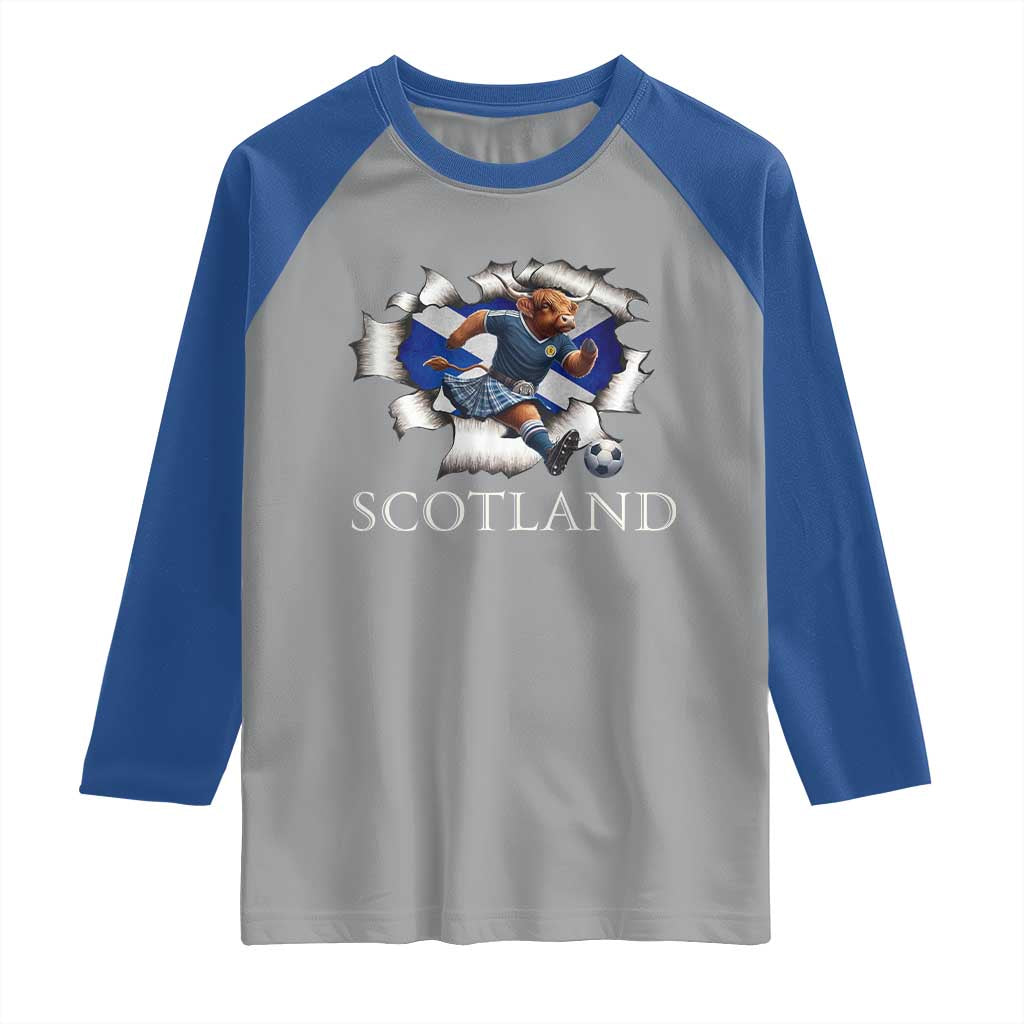Funny Highland Cow in Kilt Footballer Raglan Shirt We'll Be Coming Scottish Pride Football Fans - Wonder Print Shop