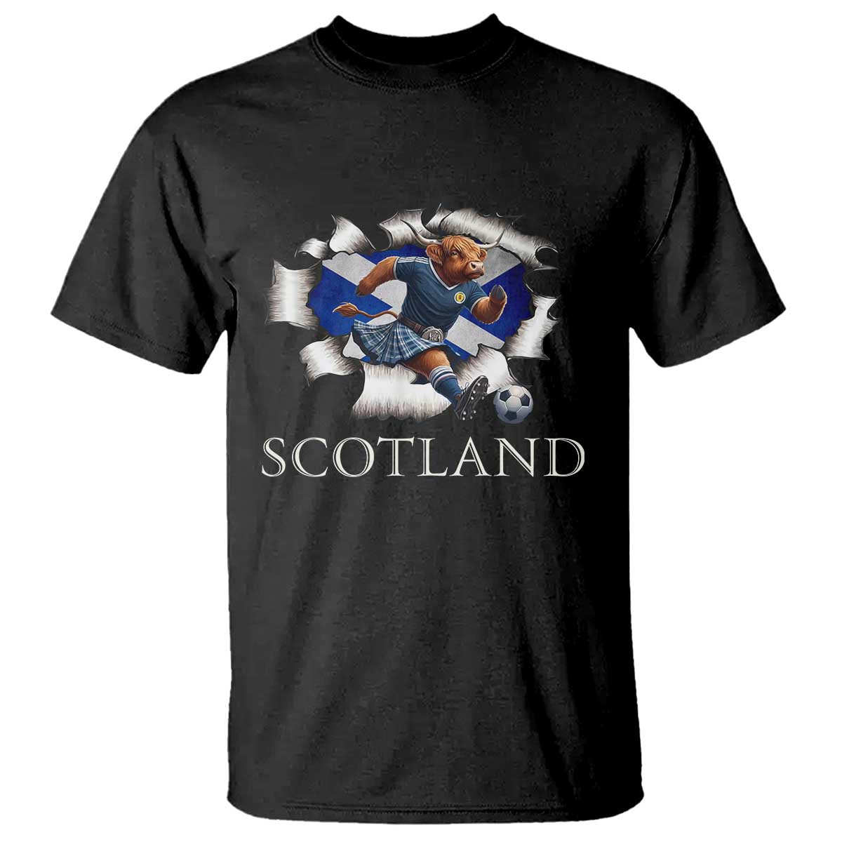 Funny Highland Cow in Kilt Footballer T Shirt We'll Be Coming Scottish Pride Football Fans - Wonder Print Shop