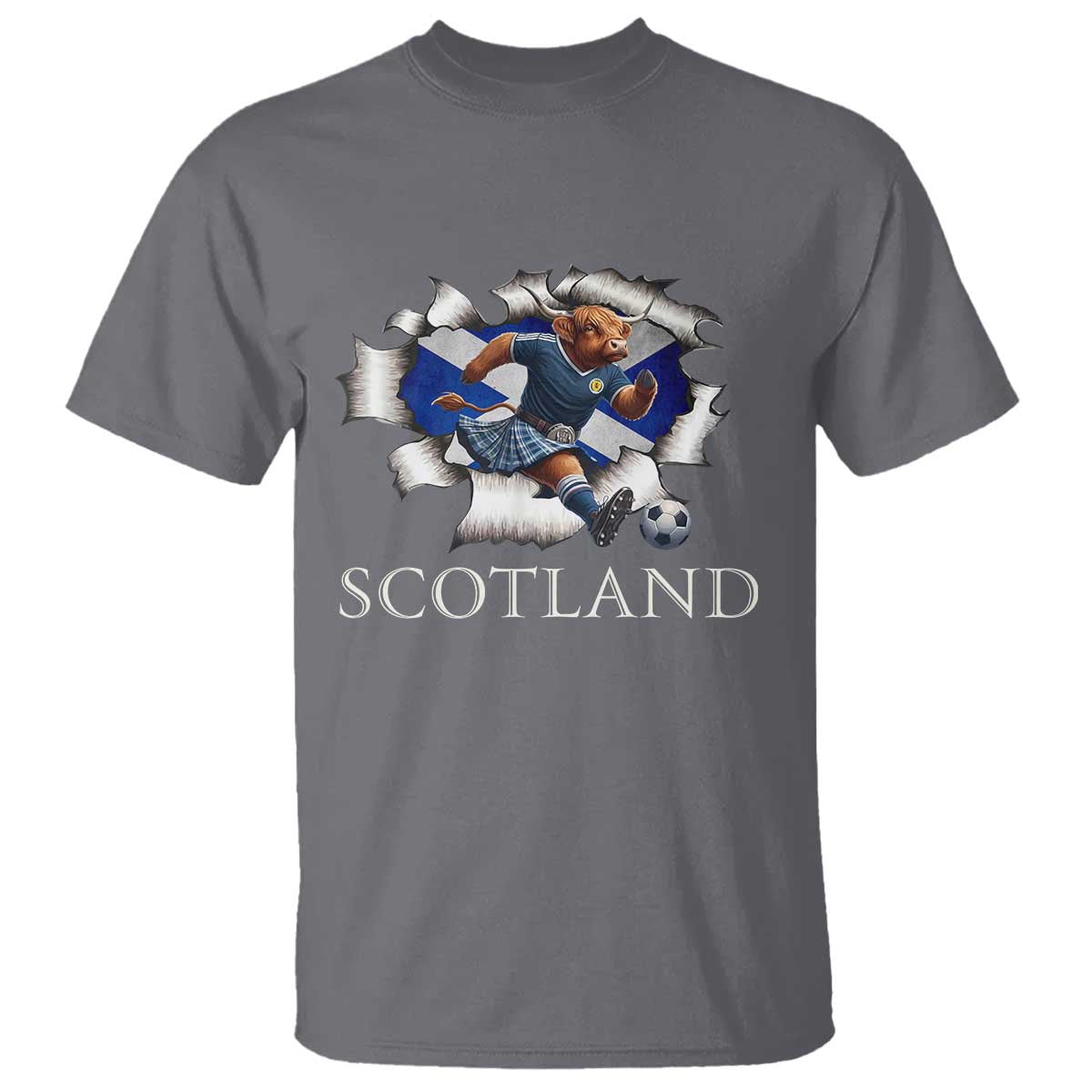Funny Highland Cow in Kilt Footballer T Shirt We'll Be Coming Scottish Pride Football Fans - Wonder Print Shop
