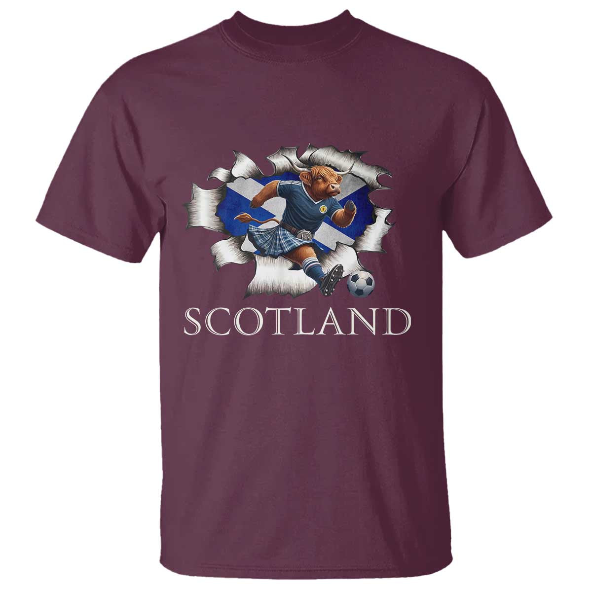 Funny Highland Cow in Kilt Footballer T Shirt We'll Be Coming Scottish Pride Football Fans - Wonder Print Shop