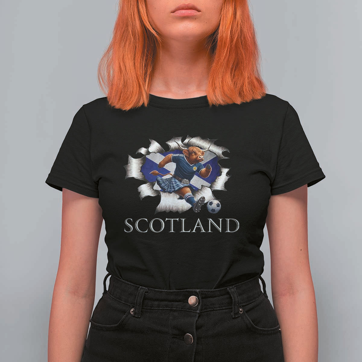 Funny Highland Cow in Kilt Footballer T Shirt For Women We'll Be Coming Scottish Pride Football Fans - Wonder Print Shop