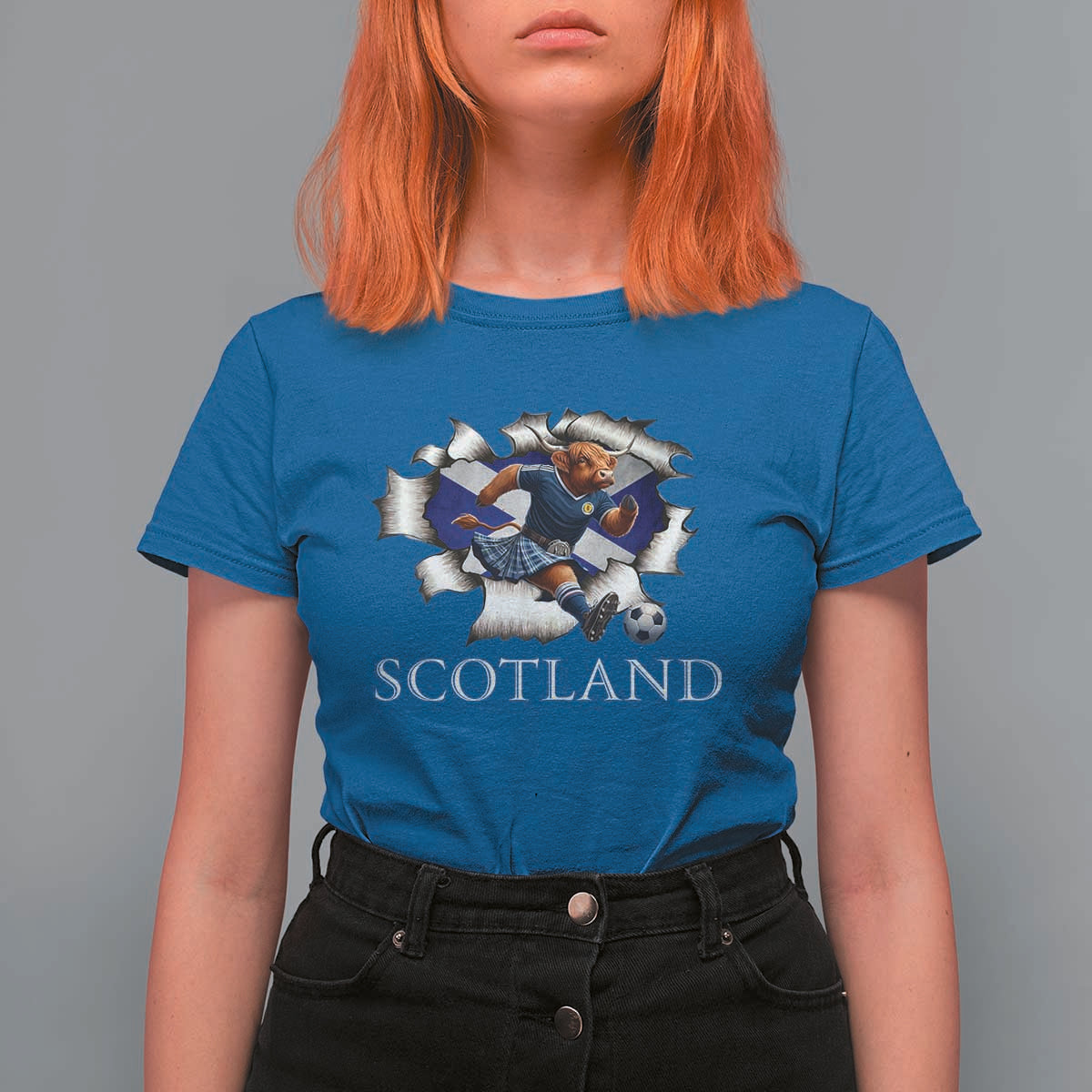 Funny Highland Cow in Kilt Footballer T Shirt For Women We'll Be Coming Scottish Pride Football Fans - Wonder Print Shop