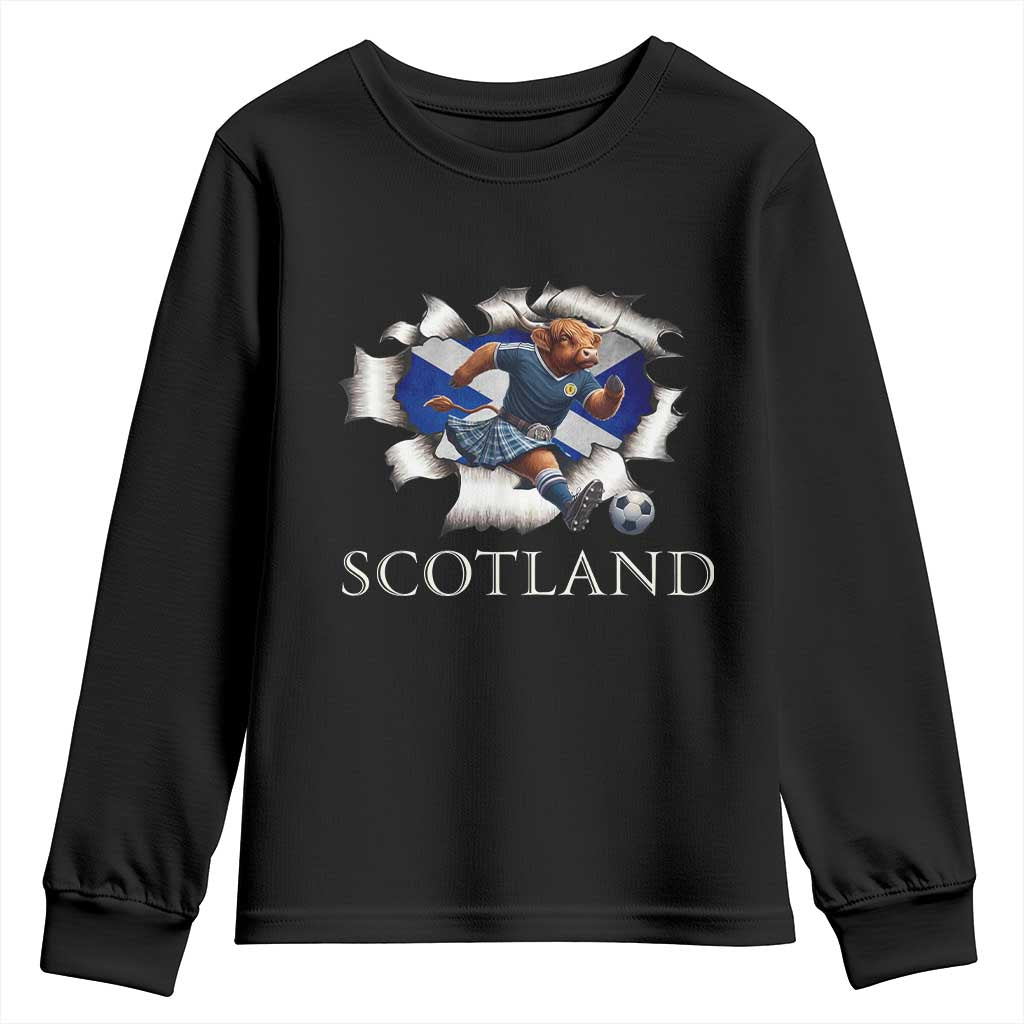 Funny Highland Cow in Kilt Footballer Youth Sweatshirt We'll Be Coming Scottish Pride Football Fans - Wonder Print Shop