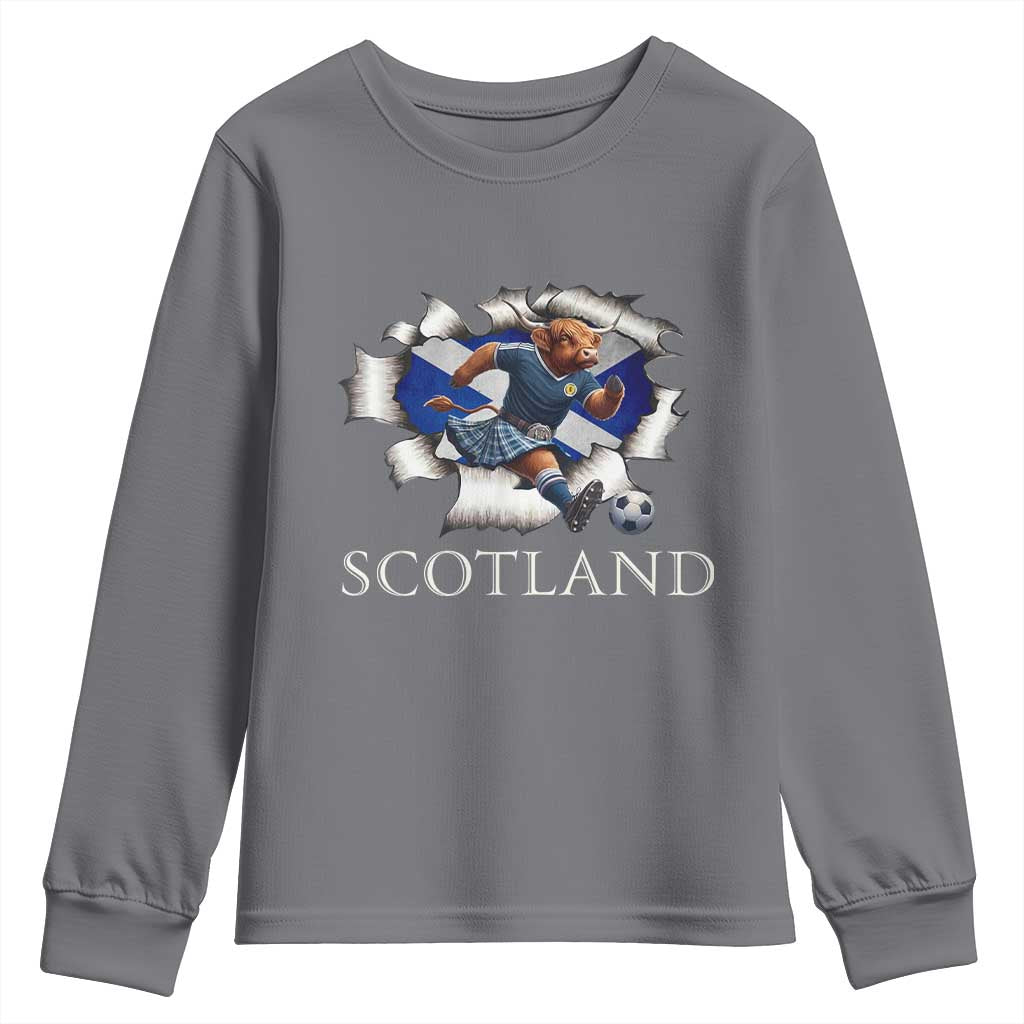 Funny Highland Cow in Kilt Footballer Youth Sweatshirt We'll Be Coming Scottish Pride Football Fans - Wonder Print Shop