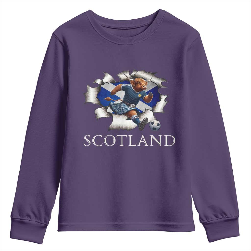 Funny Highland Cow in Kilt Footballer Youth Sweatshirt We'll Be Coming Scottish Pride Football Fans - Wonder Print Shop