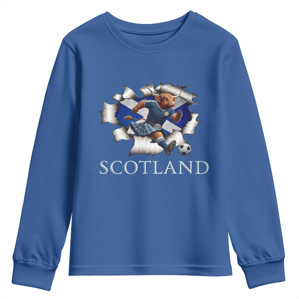 Funny Highland Cow in Kilt Footballer Youth Sweatshirt We'll Be Coming Scottish Pride Football Fans - Wonder Print Shop