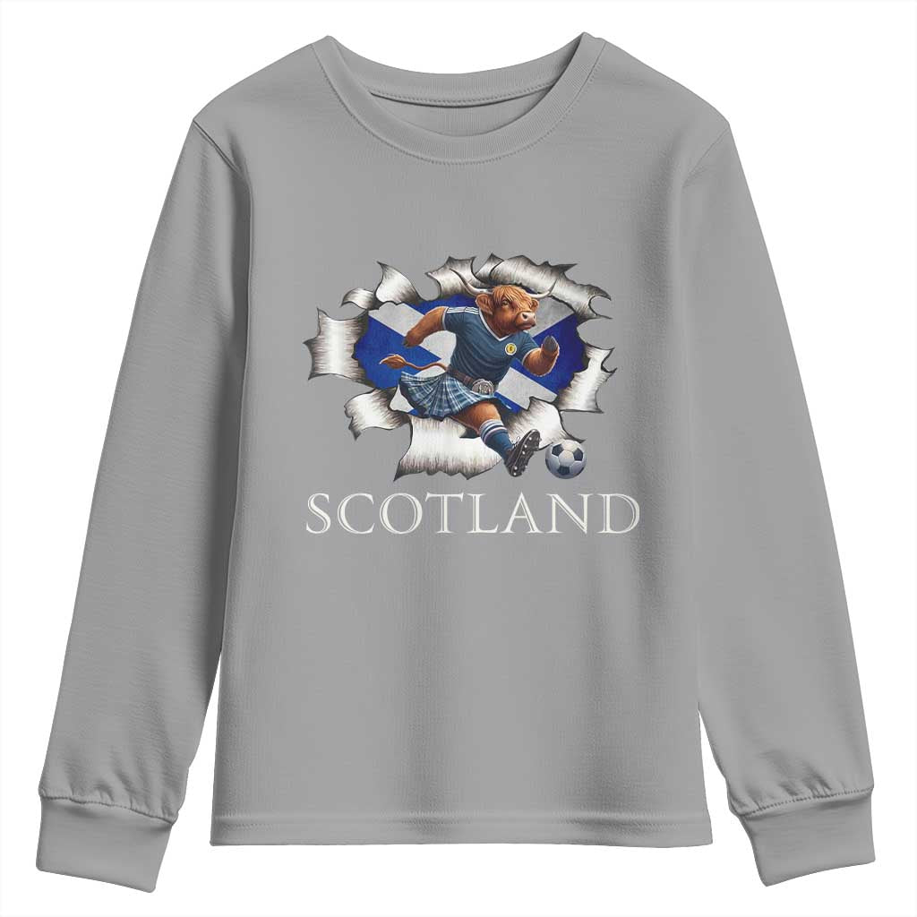 Funny Highland Cow in Kilt Footballer Youth Sweatshirt We'll Be Coming Scottish Pride Football Fans - Wonder Print Shop