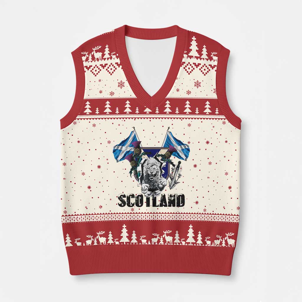 Roaring Scottish Lion Crest V-Neck Knit Sweater Vest Thistle Scotland Flag Emblem for Brave Highlanders - Wonder Print Shop