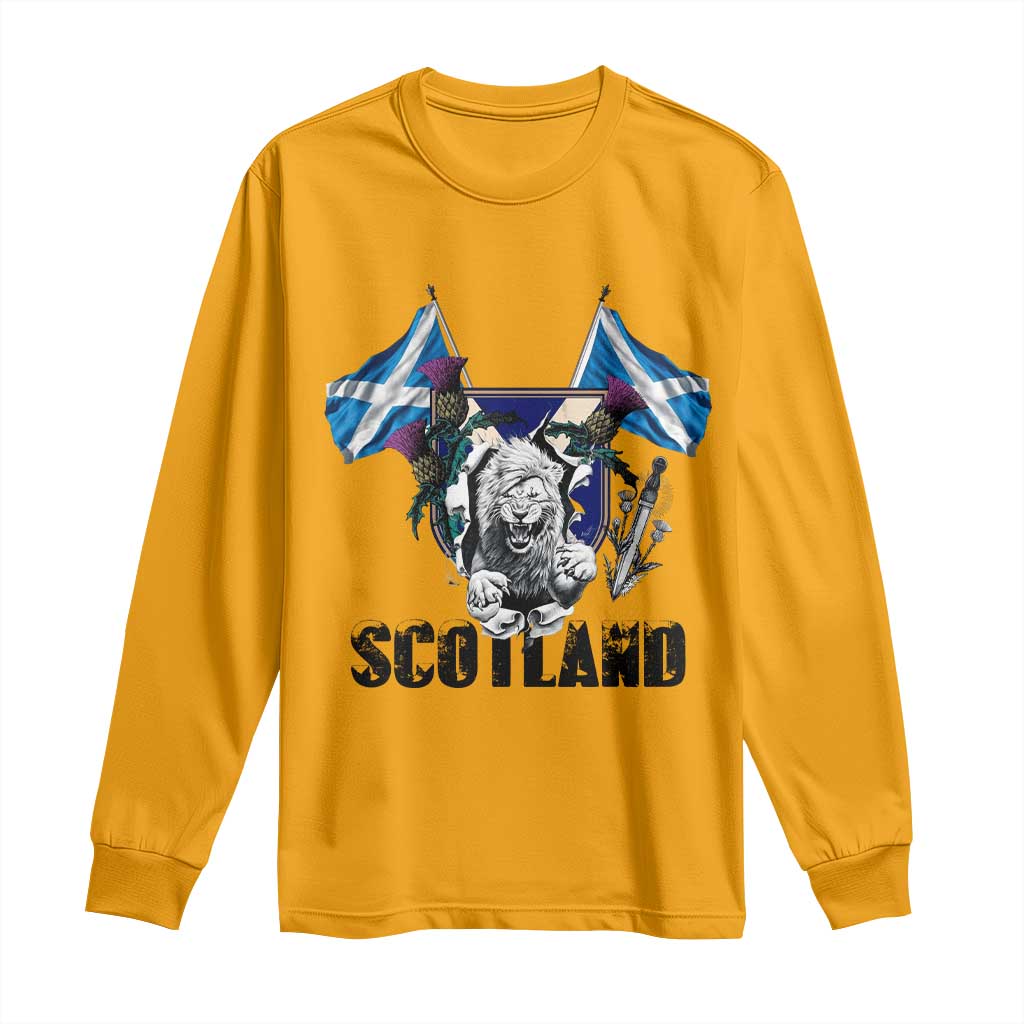 Roaring Scottish Lion Crest Long Sleeve Shirt Thistle Scotland Flag Emblem for Brave Highlanders - Wonder Print Shop