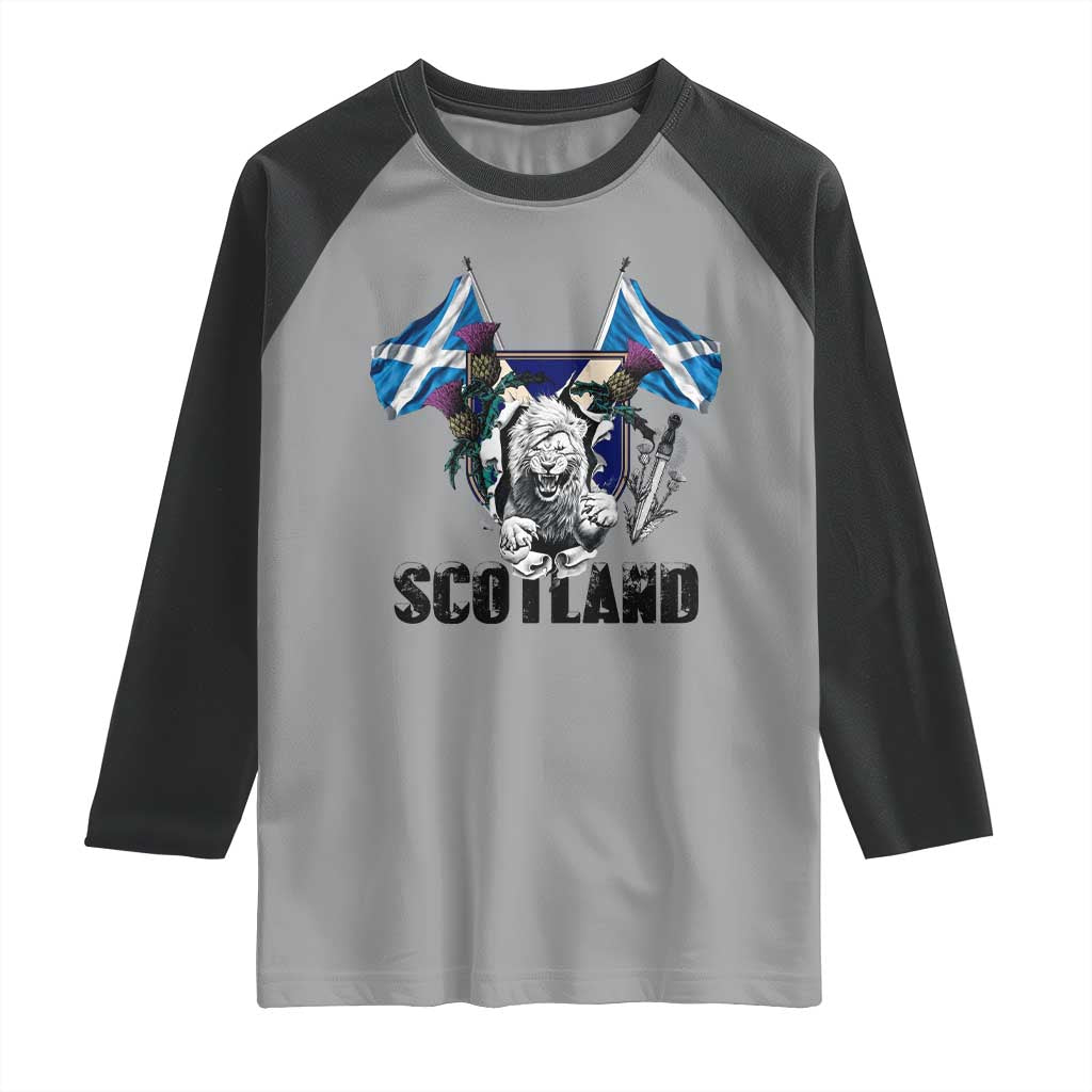 Roaring Scottish Lion Crest Raglan Shirt Thistle Scotland Flag Emblem for Brave Highlanders - Wonder Print Shop