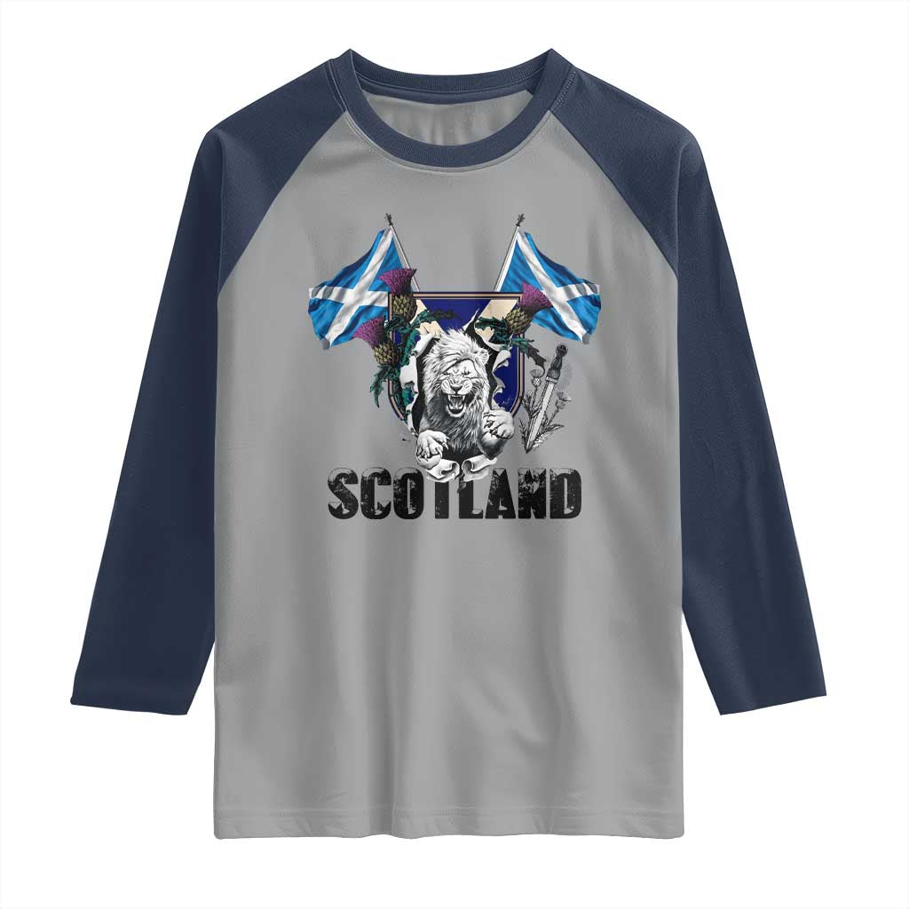 Roaring Scottish Lion Crest Raglan Shirt Thistle Scotland Flag Emblem for Brave Highlanders - Wonder Print Shop