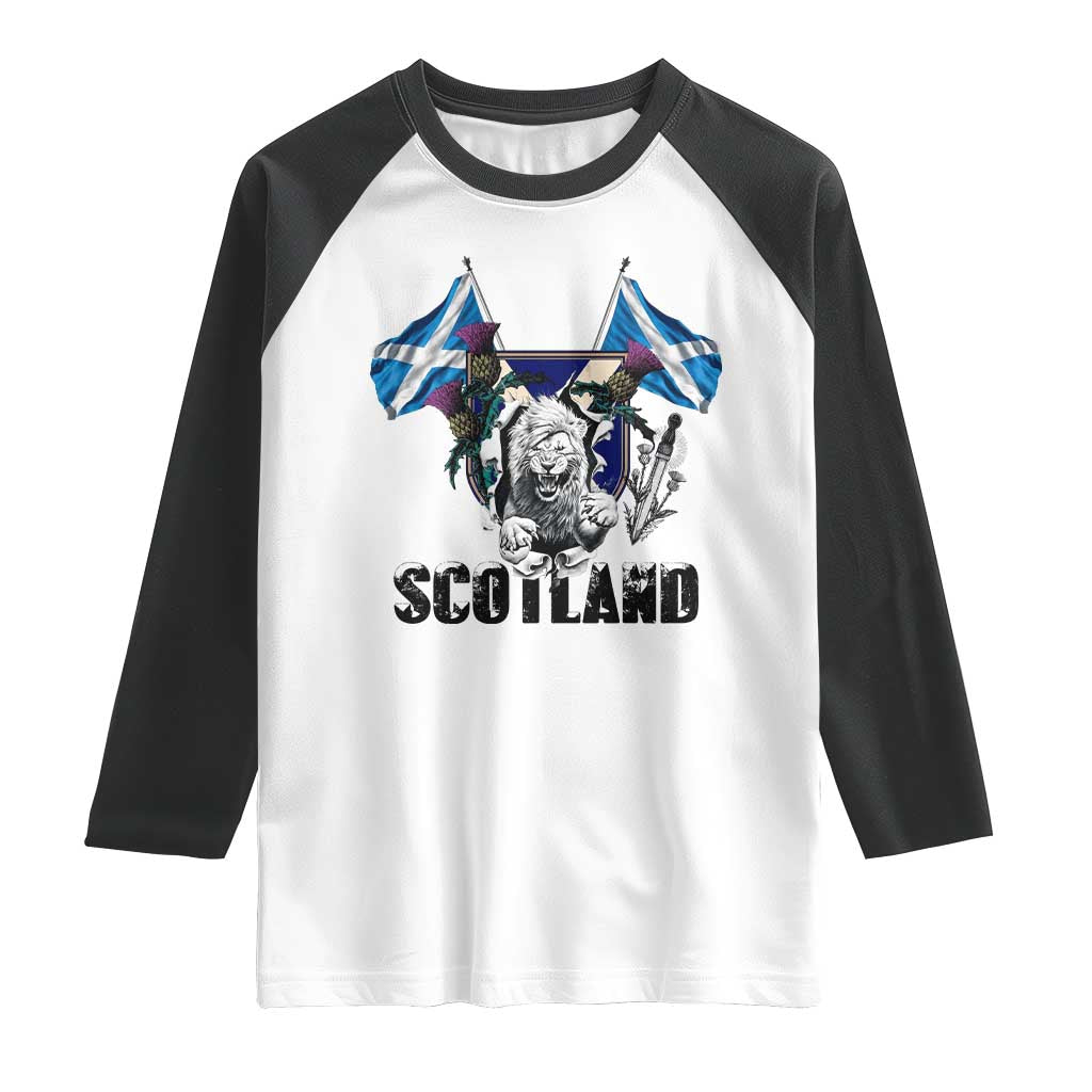 Roaring Scottish Lion Crest Raglan Shirt Thistle Scotland Flag Emblem for Brave Highlanders - Wonder Print Shop