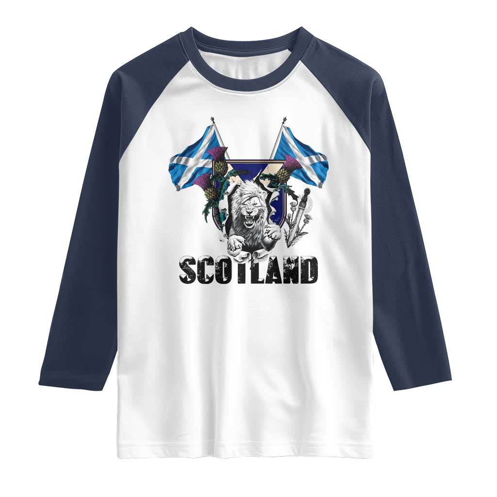 Roaring Scottish Lion Crest Raglan Shirt Thistle Scotland Flag Emblem for Brave Highlanders - Wonder Print Shop