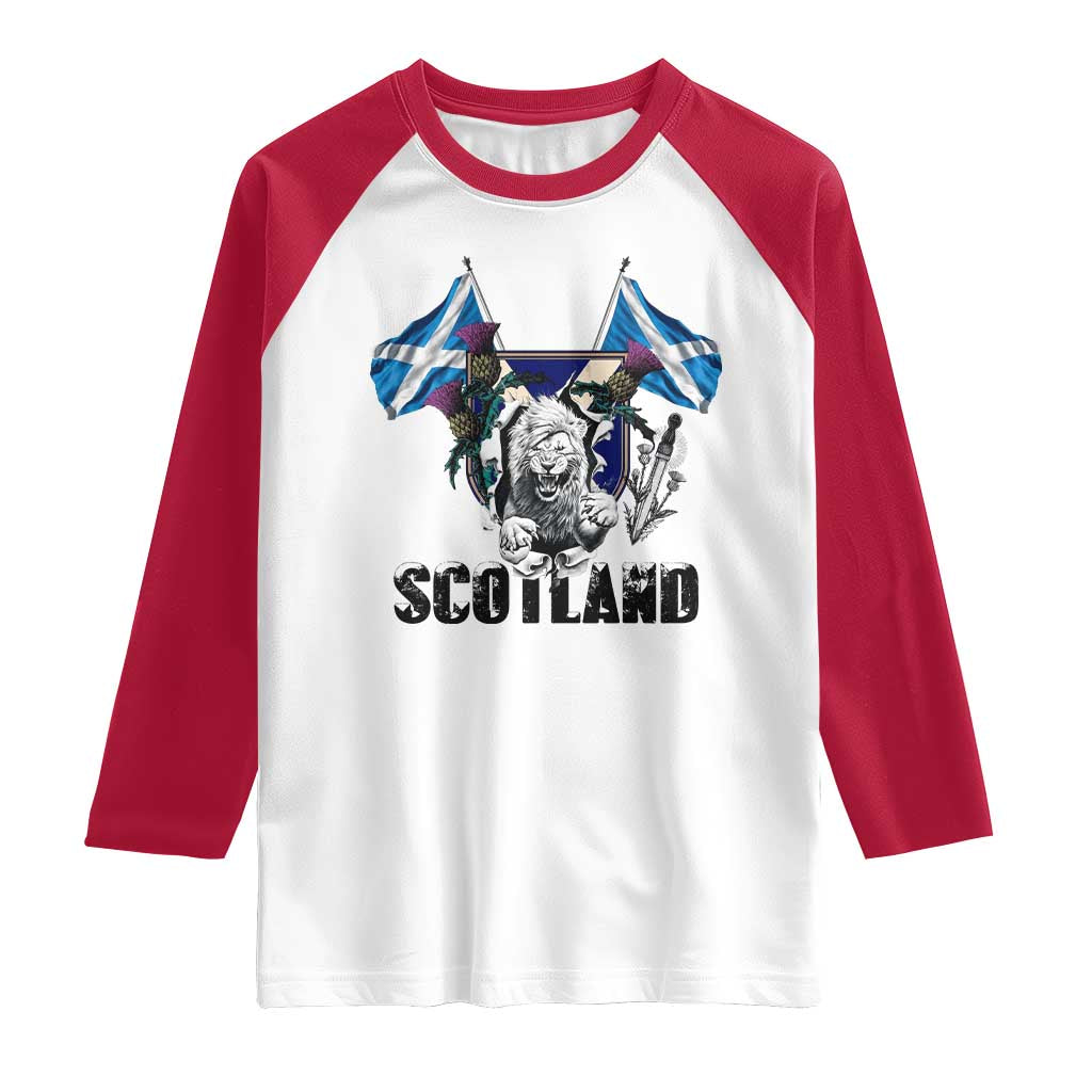 Roaring Scottish Lion Crest Raglan Shirt Thistle Scotland Flag Emblem for Brave Highlanders - Wonder Print Shop