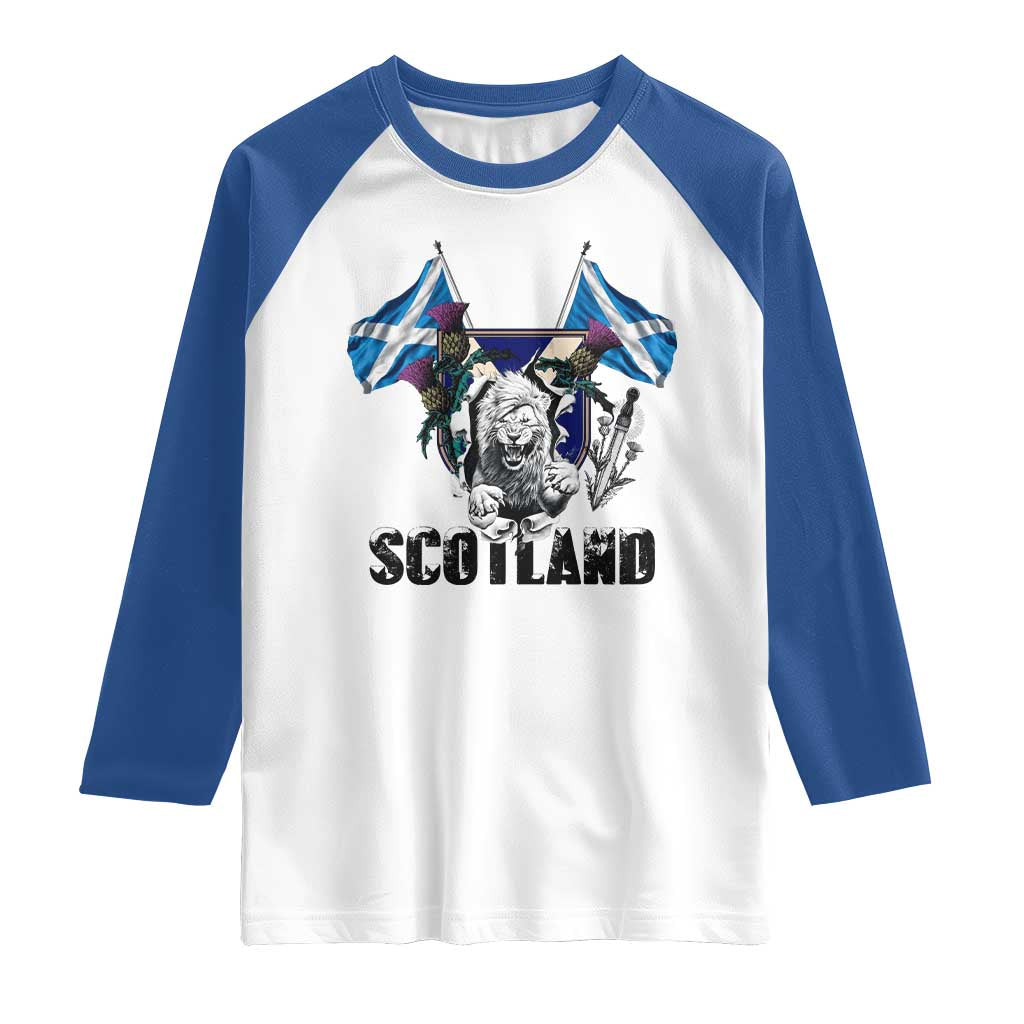 Roaring Scottish Lion Crest Raglan Shirt Thistle Scotland Flag Emblem for Brave Highlanders - Wonder Print Shop