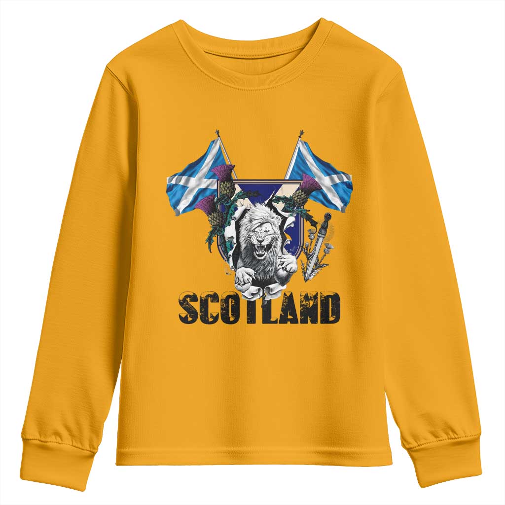 Roaring Scottish Lion Crest Youth Sweatshirt Thistle Scotland Flag Emblem for Brave Highlanders - Wonder Print Shop