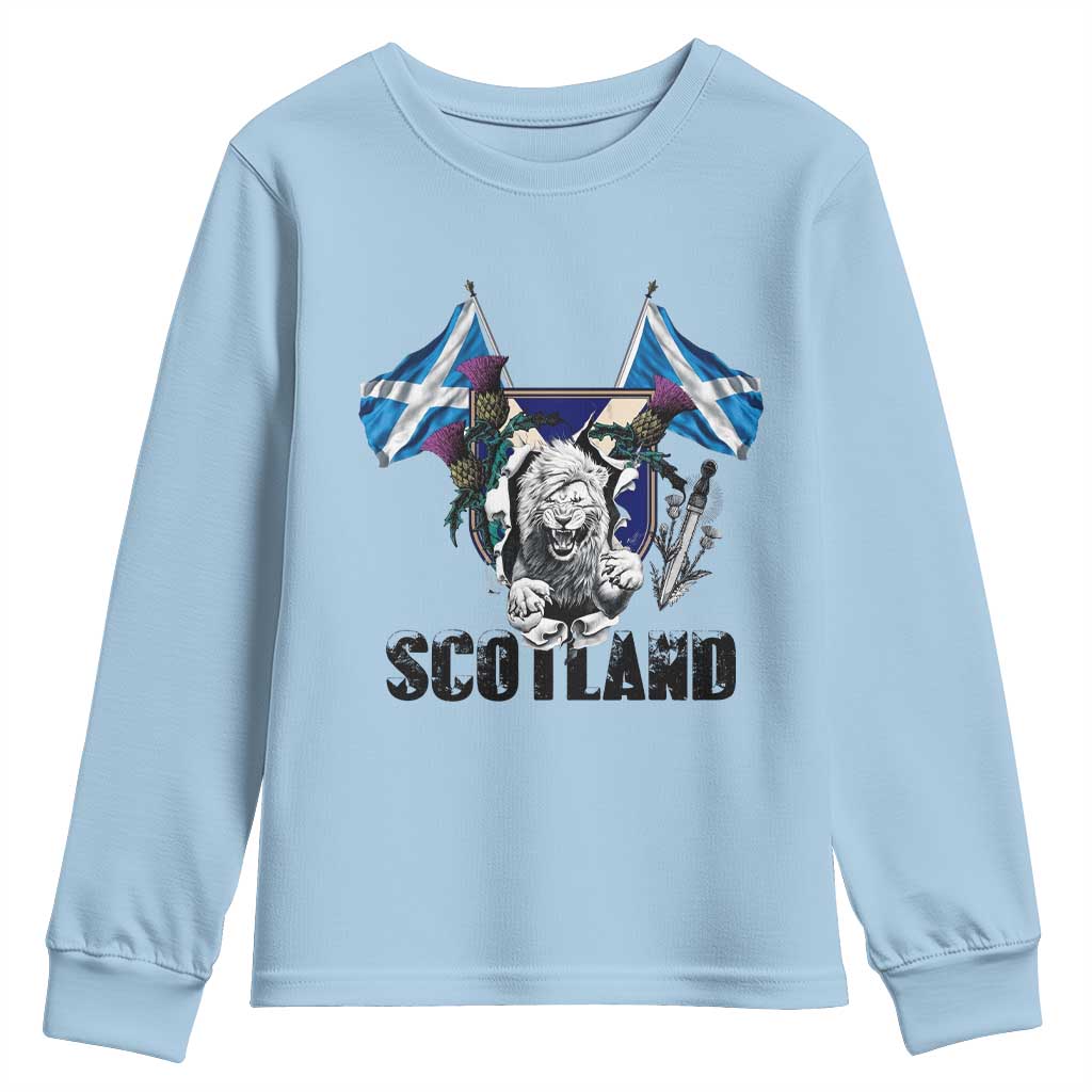 Roaring Scottish Lion Crest Youth Sweatshirt Thistle Scotland Flag Emblem for Brave Highlanders - Wonder Print Shop