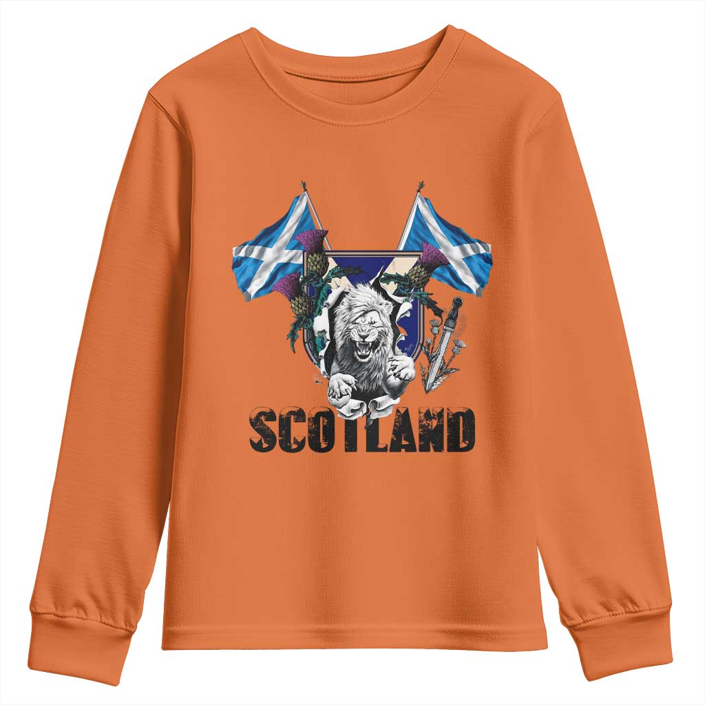 Roaring Scottish Lion Crest Youth Sweatshirt Thistle Scotland Flag Emblem for Brave Highlanders - Wonder Print Shop