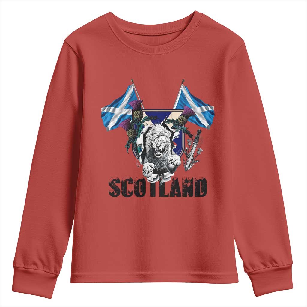 Roaring Scottish Lion Crest Youth Sweatshirt Thistle Scotland Flag Emblem for Brave Highlanders - Wonder Print Shop