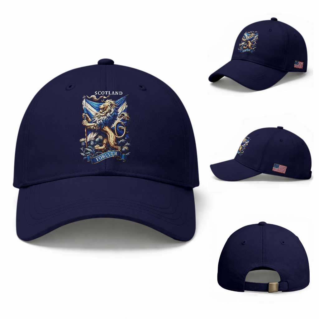 Scotland Forever Majestic Lion Rampant Holding Saltire Flag With Thistles Graphic Baseball Cap