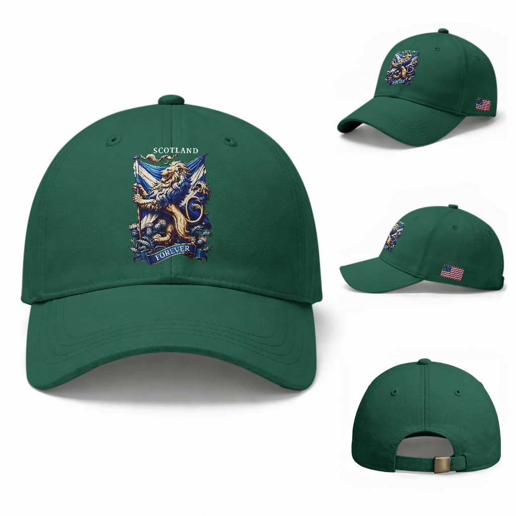 Scotland Forever Majestic Lion Rampant Holding Saltire Flag With Thistles Graphic Baseball Cap
