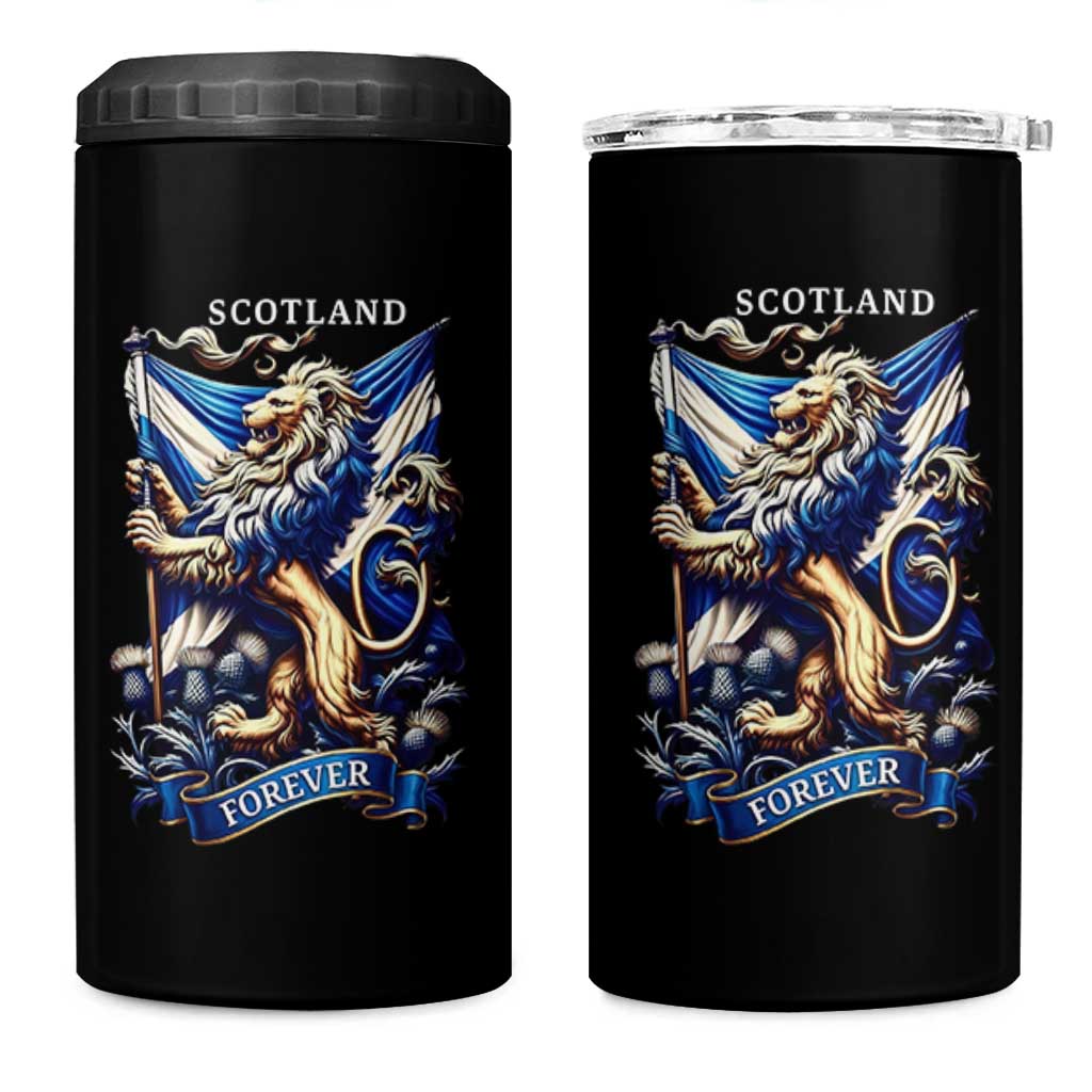 Scotland Forever Majestic Lion Rampant Holding Saltire Flag With Thistles Graphic 4 in 1 Can Cooler Tumbler
