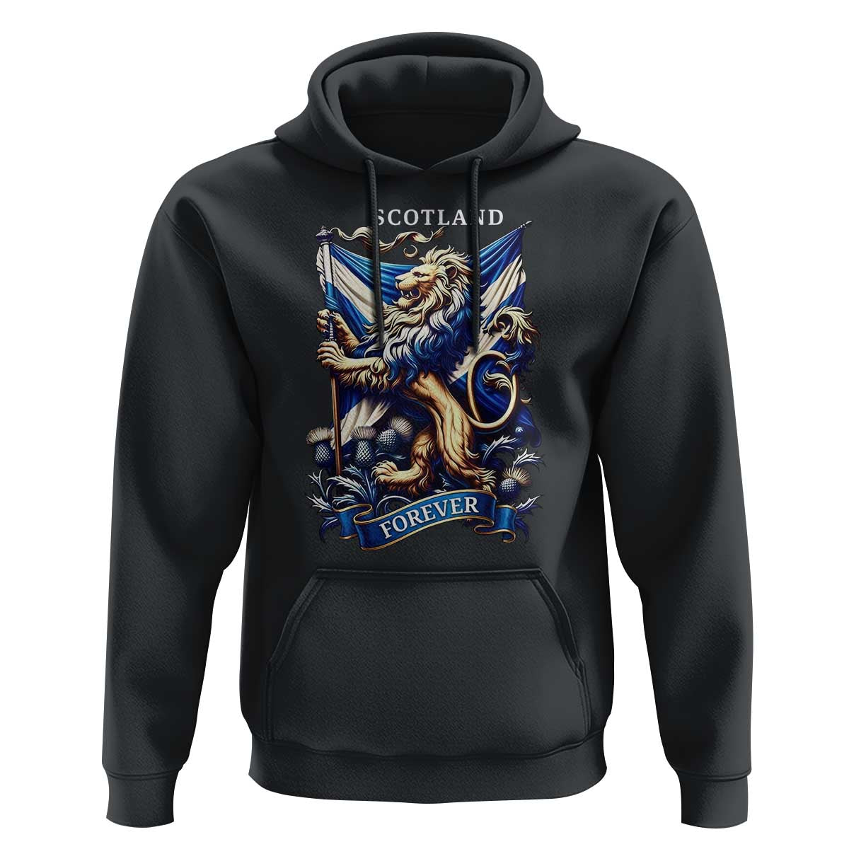 Scotland Forever Majestic Lion Rampant Holding Saltire Flag With Thistles Graphic Hoodie