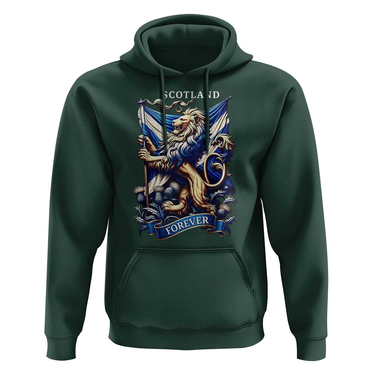 Scotland Forever Majestic Lion Rampant Holding Saltire Flag With Thistles Graphic Hoodie