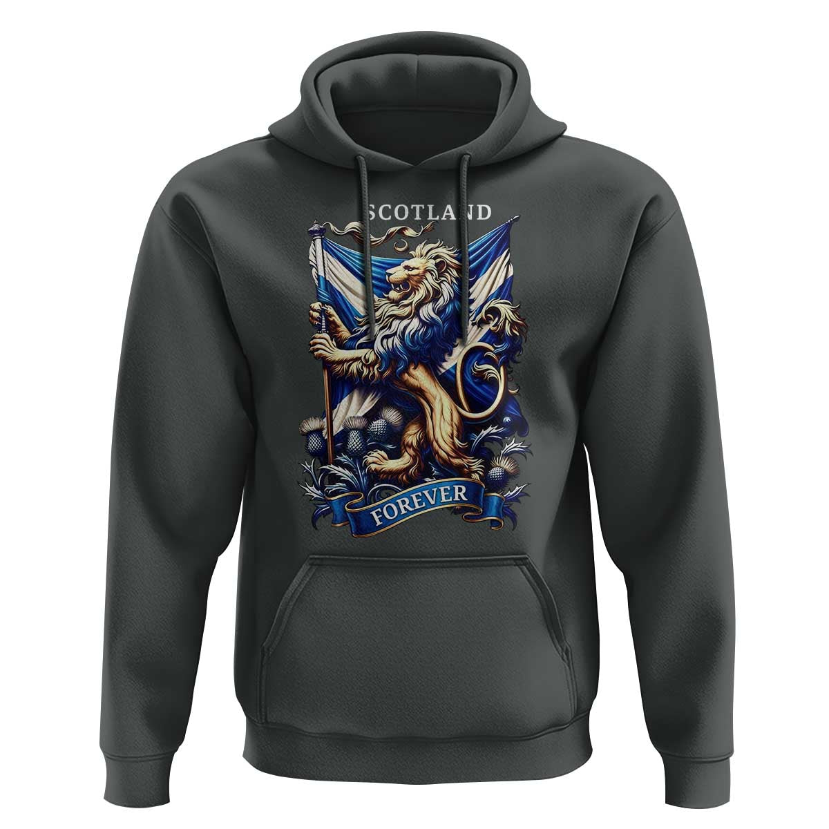 Scotland Forever Majestic Lion Rampant Holding Saltire Flag With Thistles Graphic Hoodie