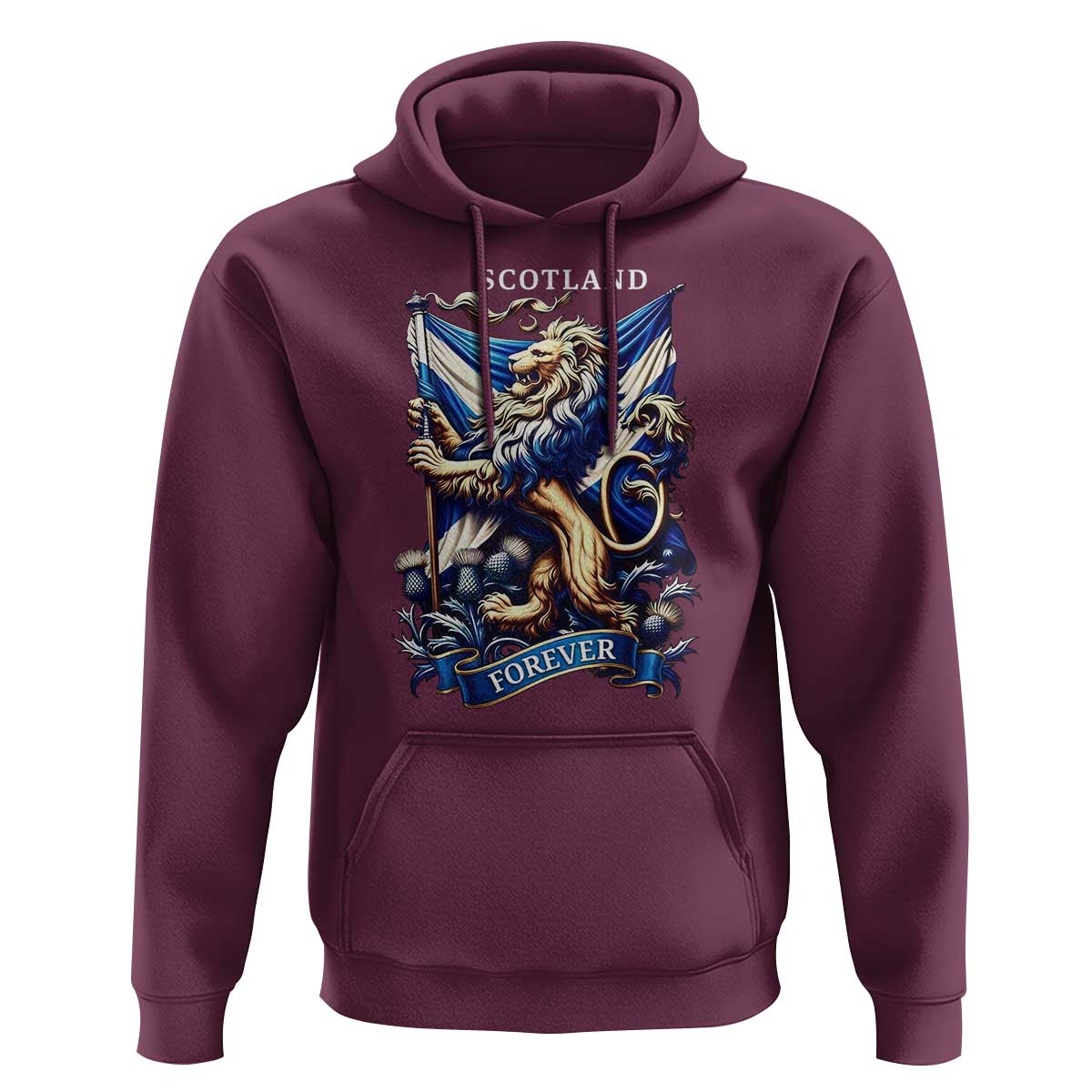 Scotland Forever Majestic Lion Rampant Holding Saltire Flag With Thistles Graphic Hoodie
