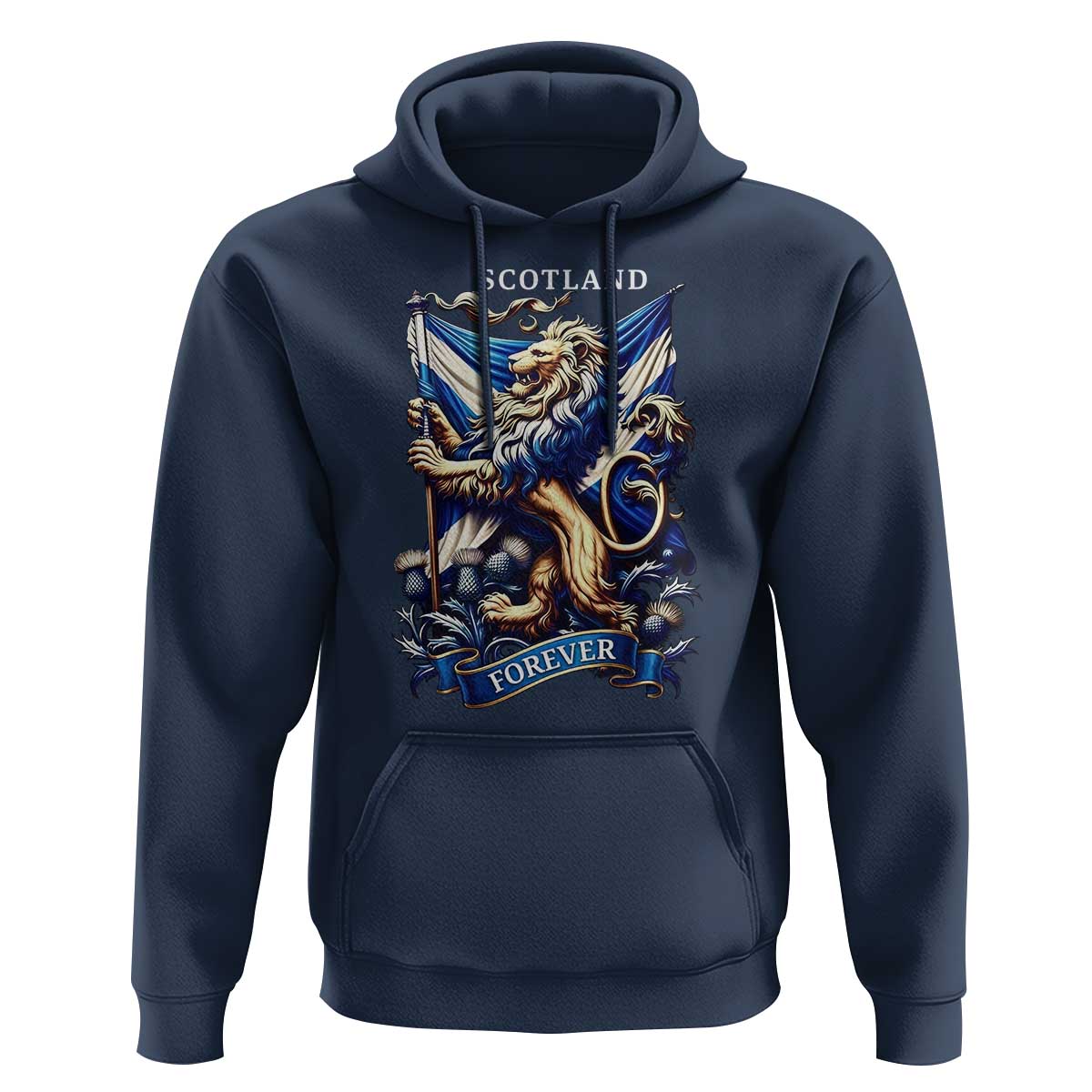 Scotland Forever Majestic Lion Rampant Holding Saltire Flag With Thistles Graphic Hoodie