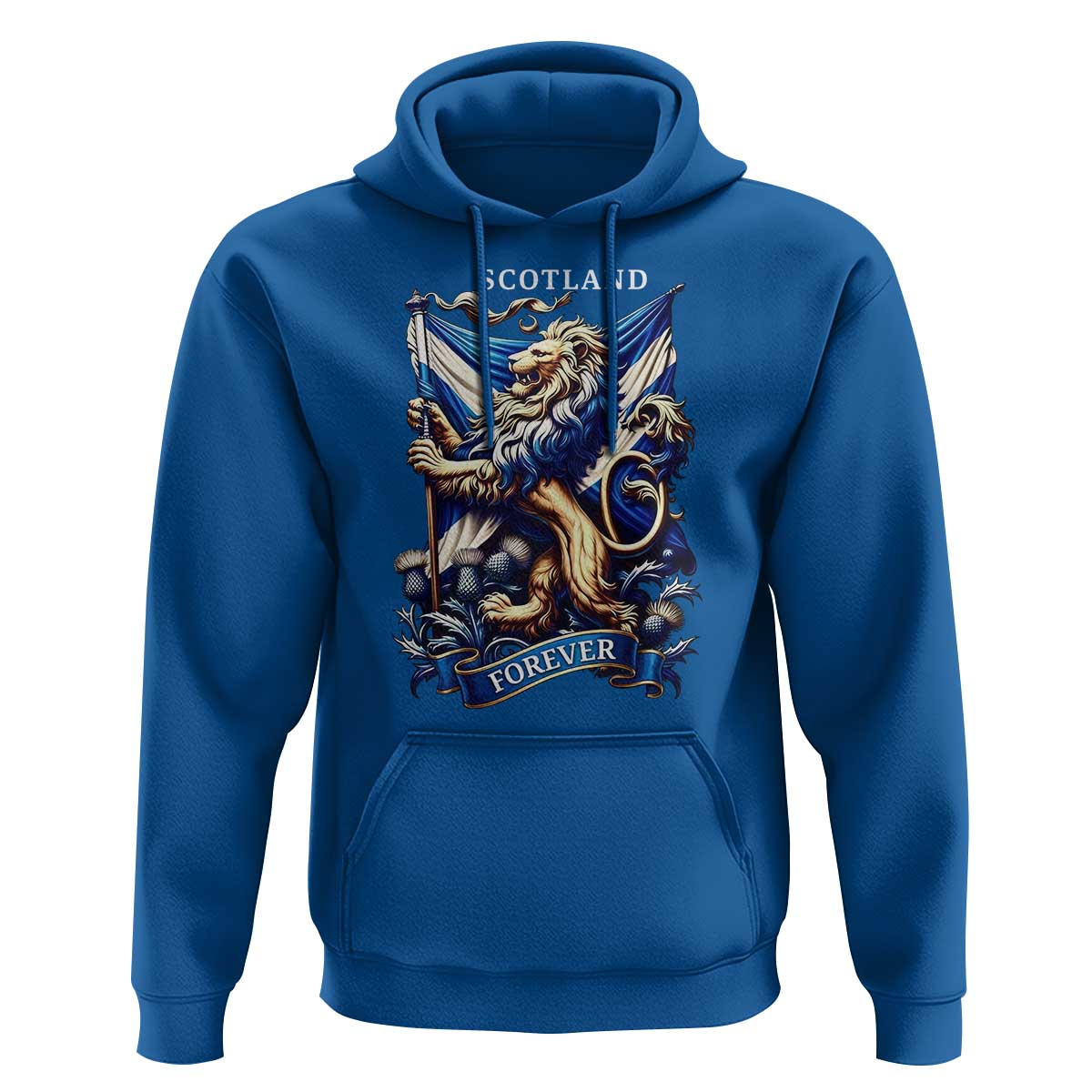 Scotland Forever Majestic Lion Rampant Holding Saltire Flag With Thistles Graphic Hoodie