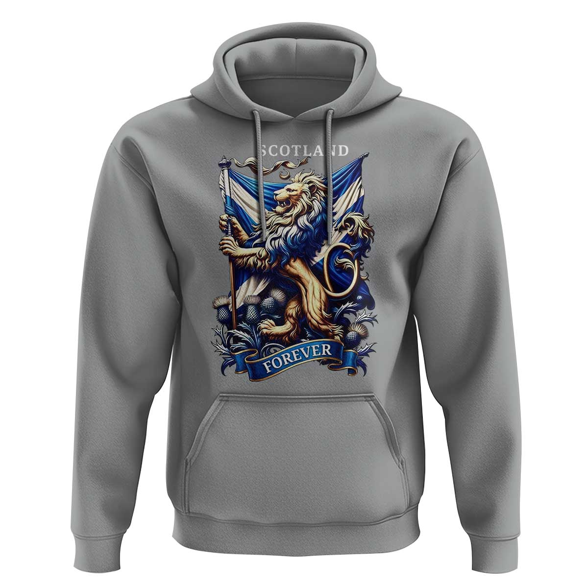 Scotland Forever Majestic Lion Rampant Holding Saltire Flag With Thistles Graphic Hoodie