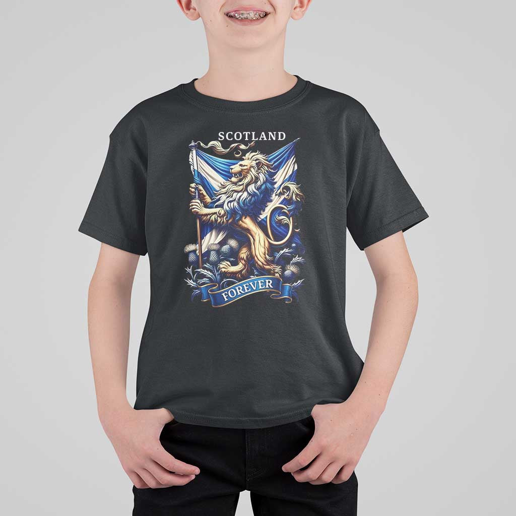 Scotland Forever Majestic Lion Rampant Holding Saltire Flag With Thistles Graphic T Shirt For Kid
