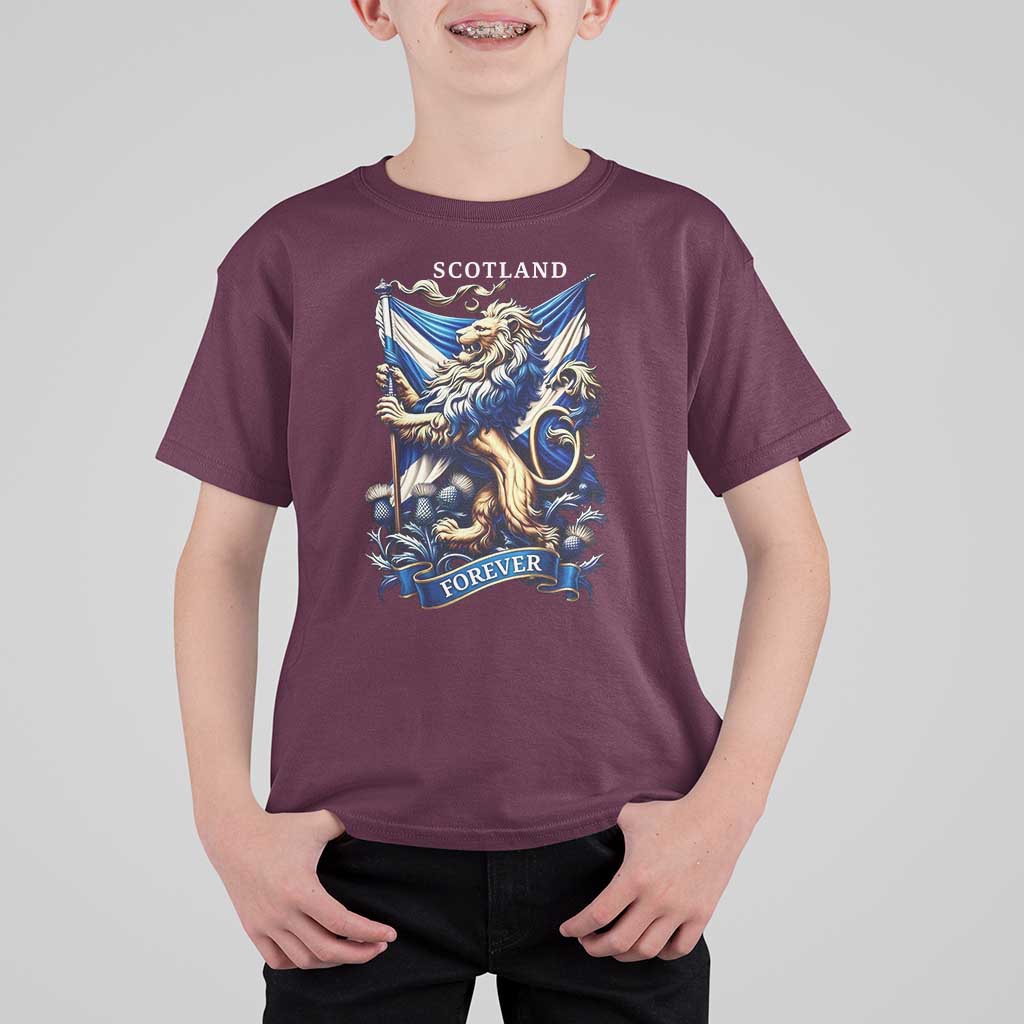 Scotland Forever Majestic Lion Rampant Holding Saltire Flag With Thistles Graphic T Shirt For Kid