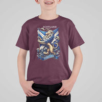 Scotland Forever Majestic Lion Rampant Holding Saltire Flag With Thistles Graphic T Shirt For Kid