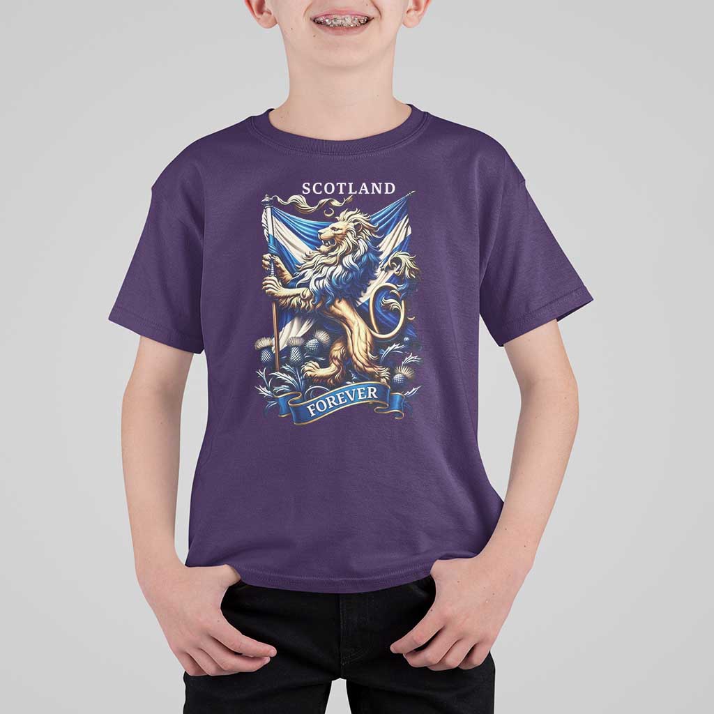 Scotland Forever Majestic Lion Rampant Holding Saltire Flag With Thistles Graphic T Shirt For Kid
