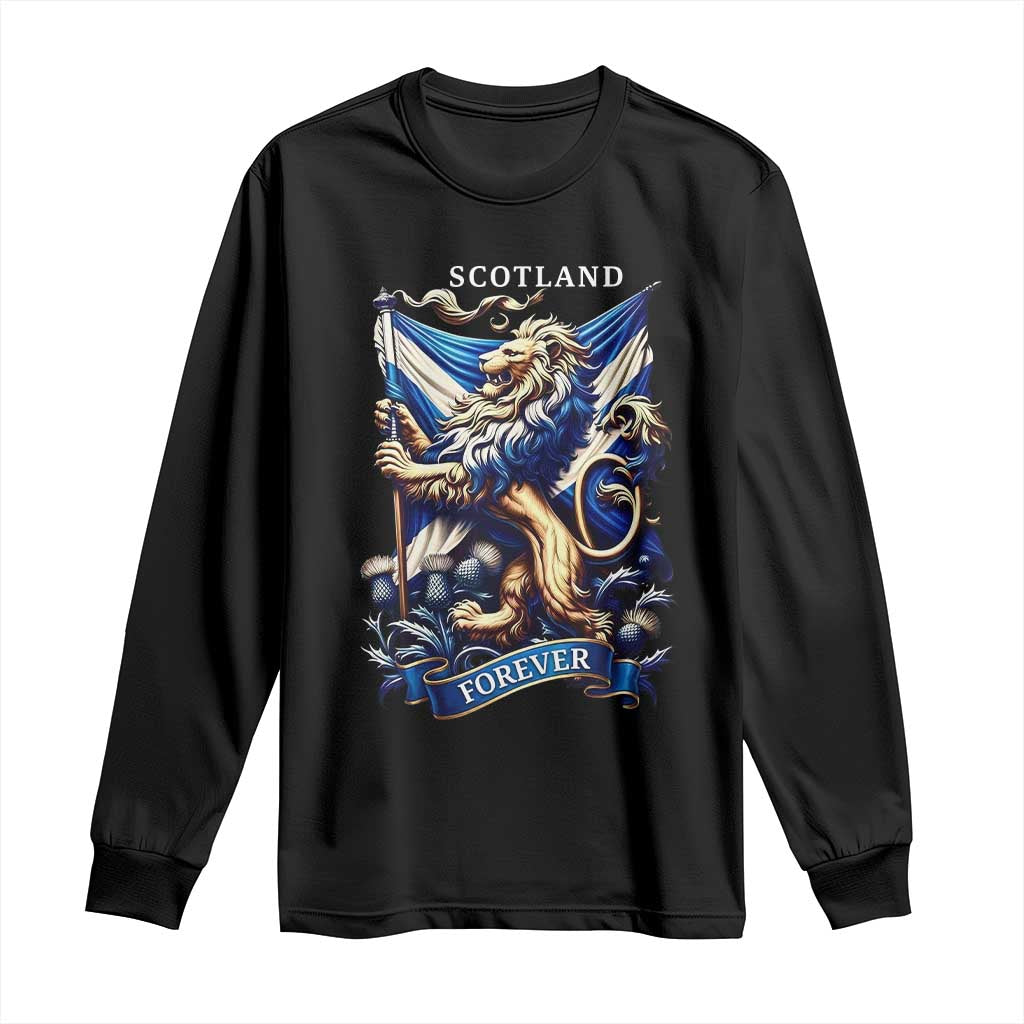 Scotland Forever Majestic Lion Rampant Holding Saltire Flag With Thistles Graphic Long Sleeve Shirt