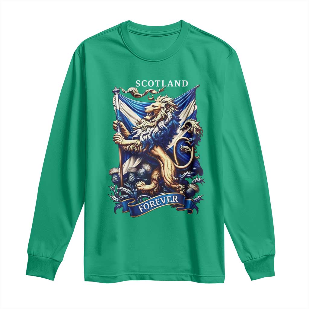 Scotland Forever Majestic Lion Rampant Holding Saltire Flag With Thistles Graphic Long Sleeve Shirt