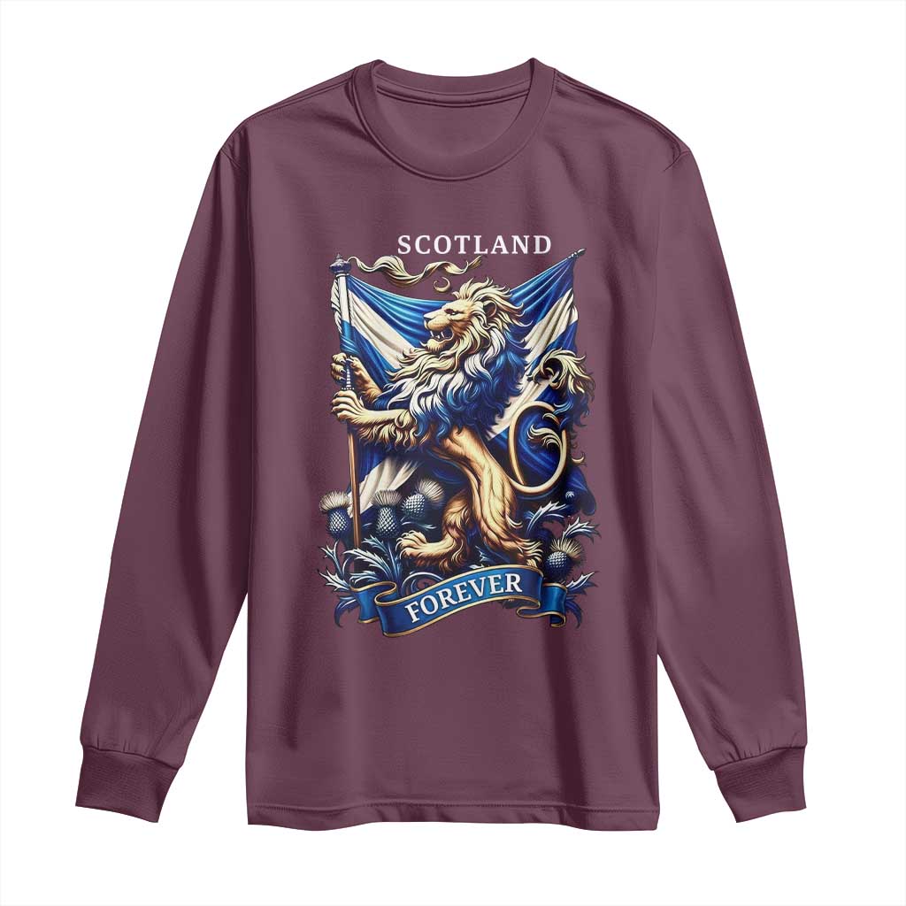 Scotland Forever Majestic Lion Rampant Holding Saltire Flag With Thistles Graphic Long Sleeve Shirt