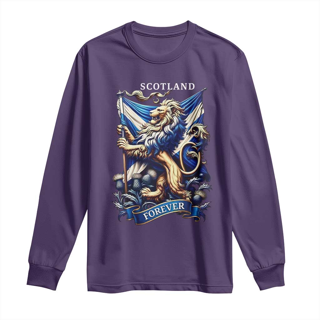 Scotland Forever Majestic Lion Rampant Holding Saltire Flag With Thistles Graphic Long Sleeve Shirt