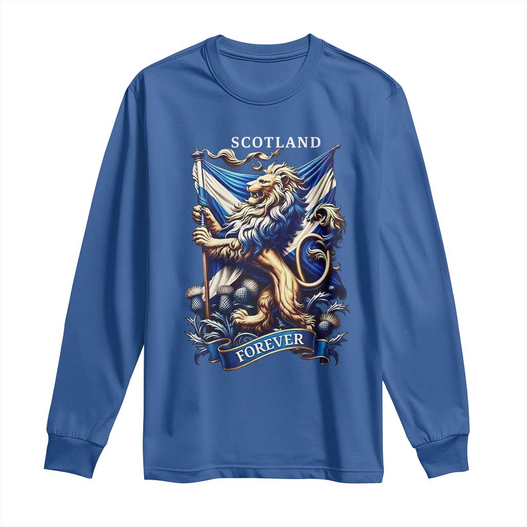 Scotland Forever Majestic Lion Rampant Holding Saltire Flag With Thistles Graphic Long Sleeve Shirt