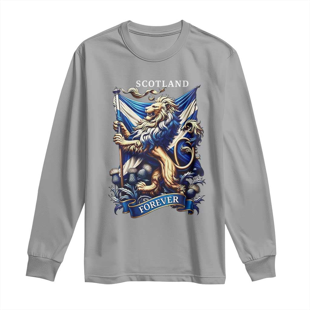 Scotland Forever Majestic Lion Rampant Holding Saltire Flag With Thistles Graphic Long Sleeve Shirt