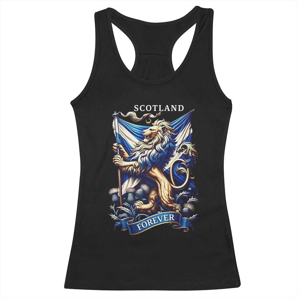 Scotland Forever Majestic Lion Rampant Holding Saltire Flag With Thistles Graphic Racerback Tank Top