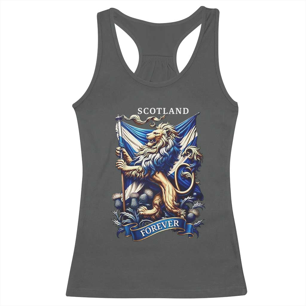 Scotland Forever Majestic Lion Rampant Holding Saltire Flag With Thistles Graphic Racerback Tank Top