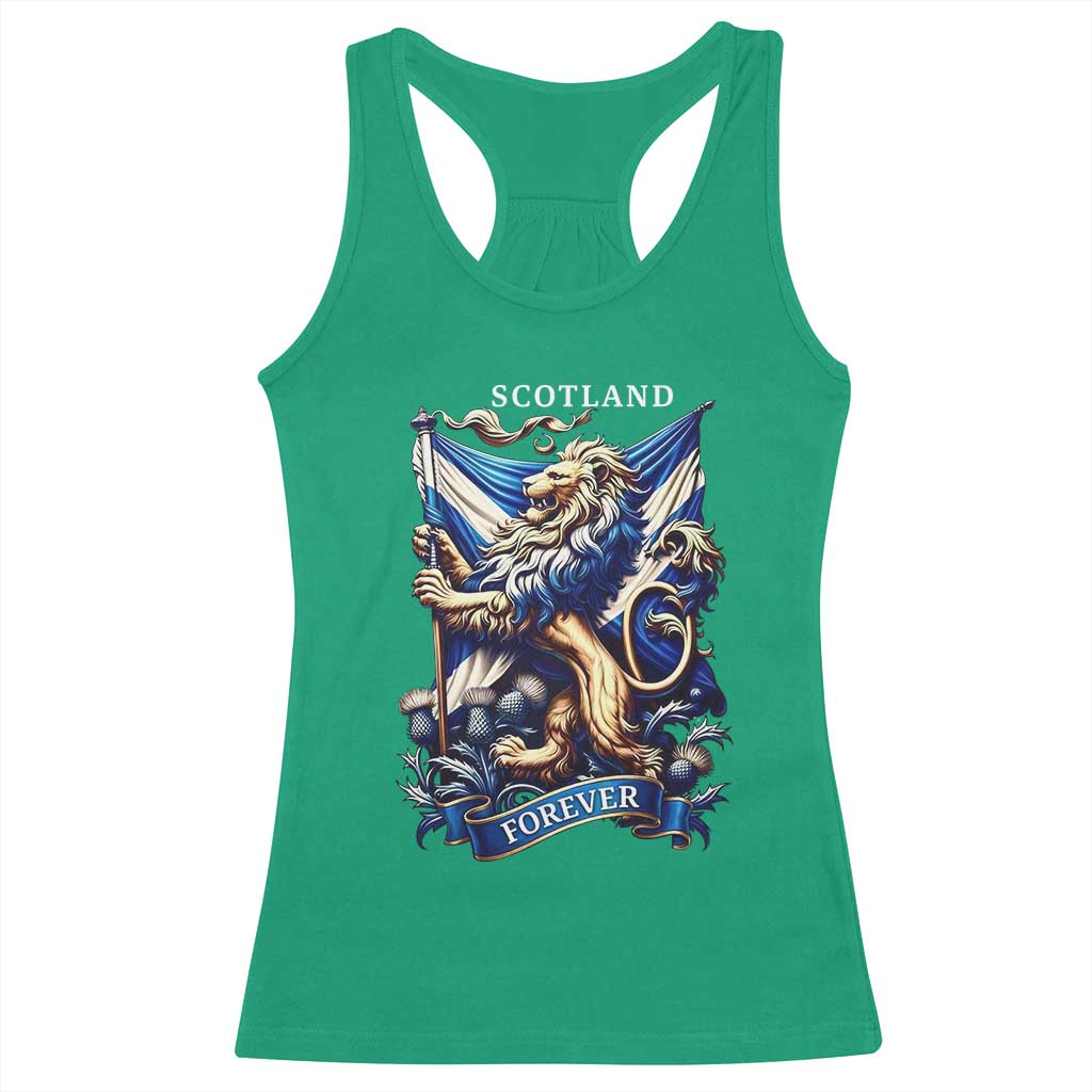 Scotland Forever Majestic Lion Rampant Holding Saltire Flag With Thistles Graphic Racerback Tank Top