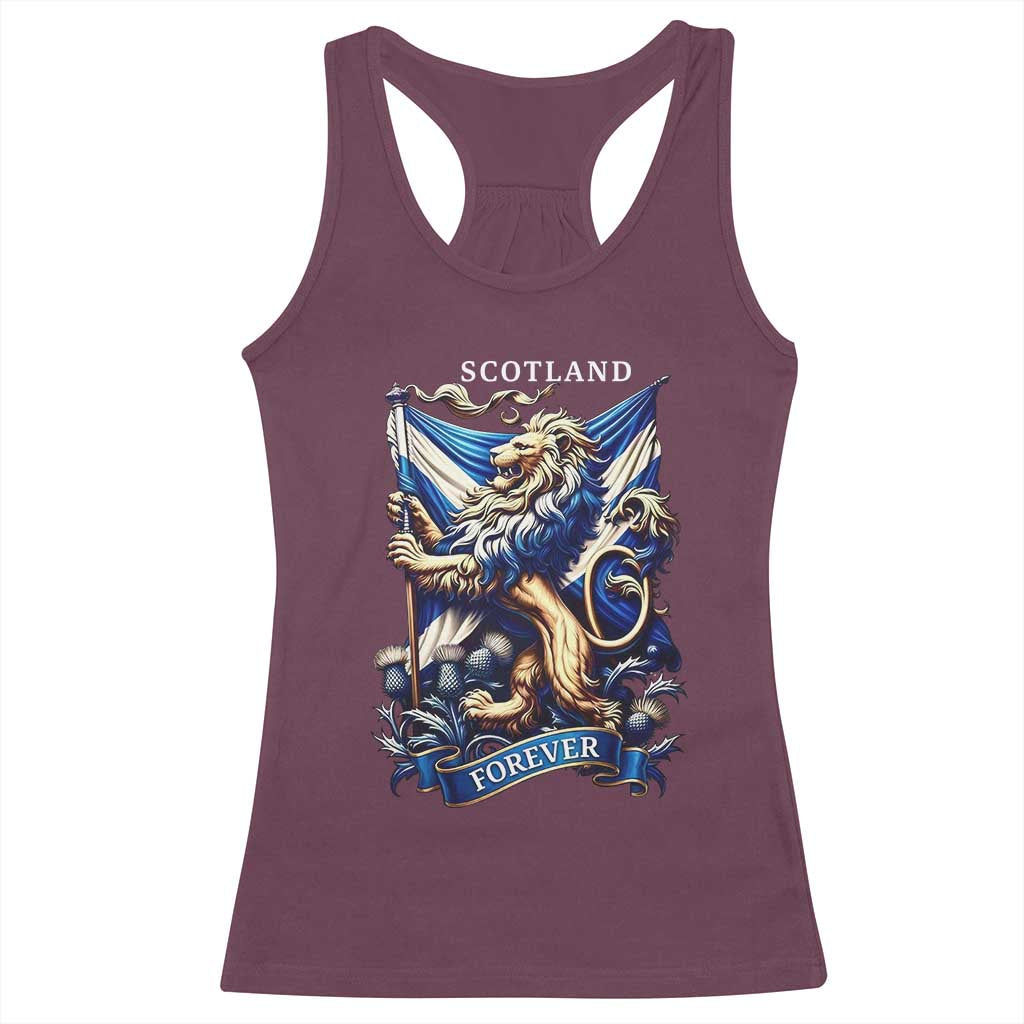 Scotland Forever Majestic Lion Rampant Holding Saltire Flag With Thistles Graphic Racerback Tank Top
